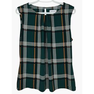 Calvin Klein Women's Green Plaid Sleeveless Pleated Neck Blouse Top- Size Large